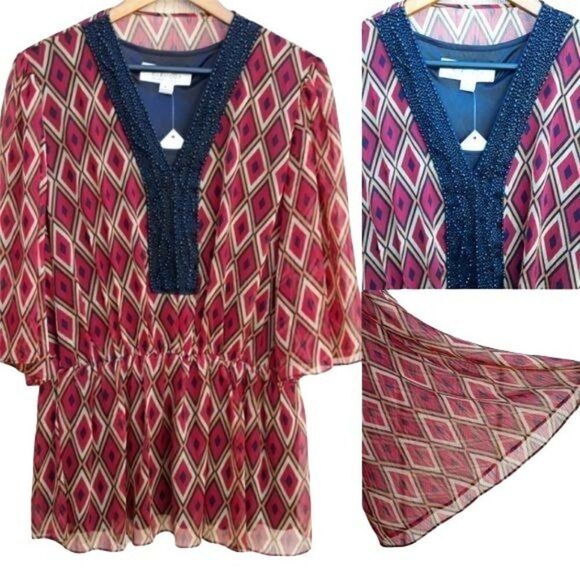 Badgley Mischka Mod Ikat Sheer Kimono Sleeve Beaded V-neck Cinched Top Red Sz L - Picture 2 of 16